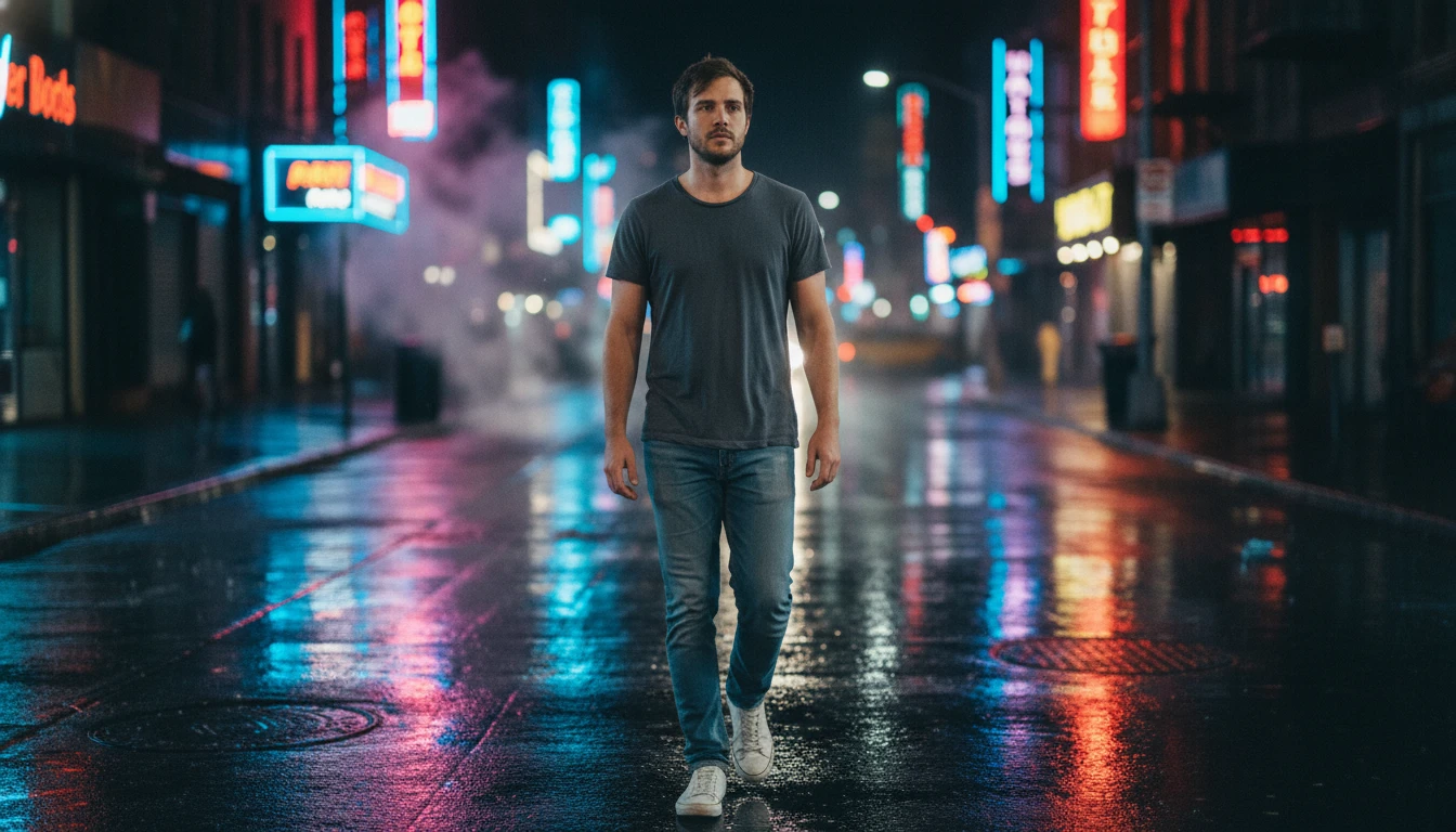 Cinematic night street portrait of a man with neon reflections, generated by Banana AI