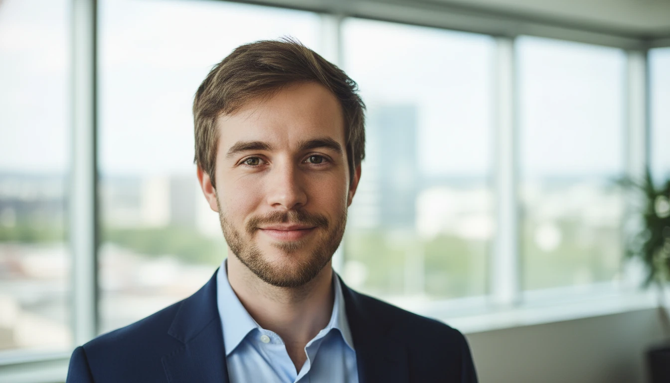 Professional LinkedIn headshot portrait of a man in a bright modern office, generated by Banana AI
