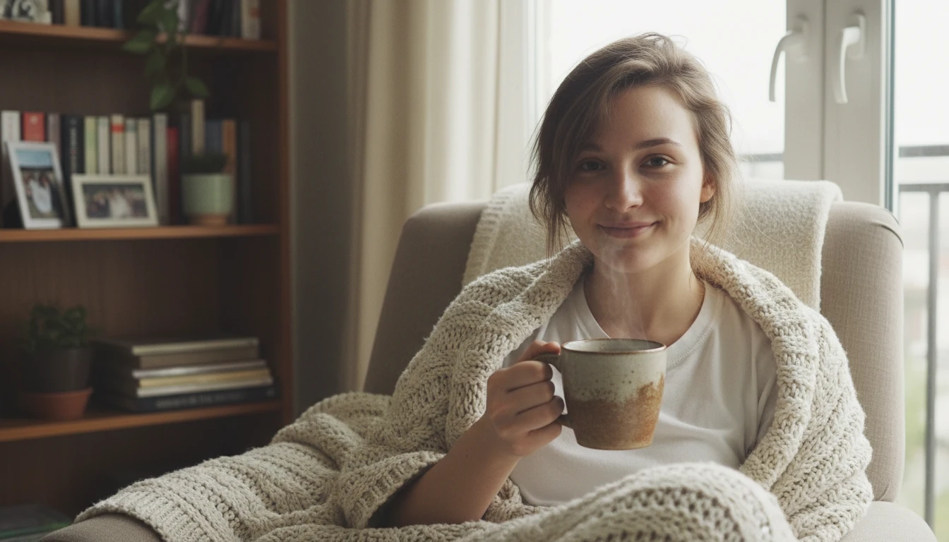 Cozy indoor portrait of a woman by a window with a coffee mug and blanket, generated by Banana AI