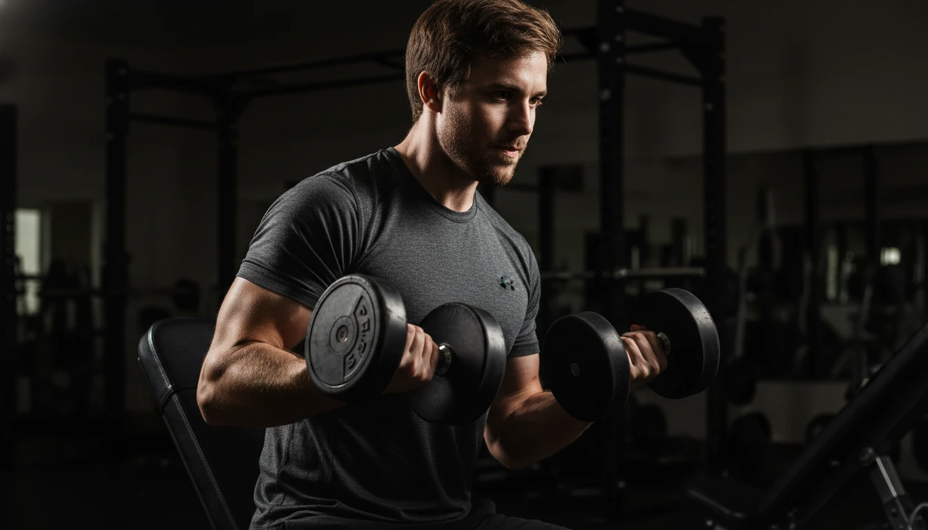 Fitness progress portrait of a man lifting dumbbells with dramatic side lighting, generated by Banana AI