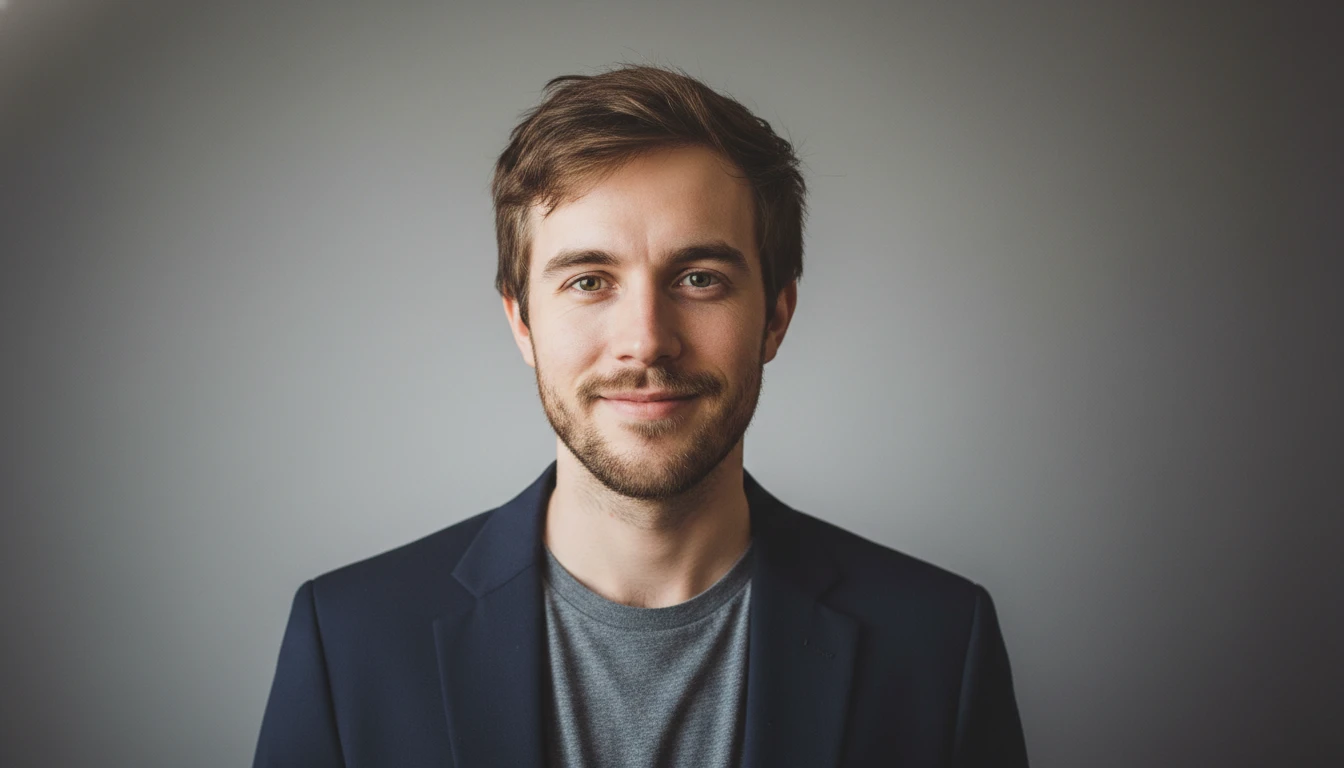 Formal studio portrait of a man in a dark blazer against a neutral gray backdrop, generated by Banana AI