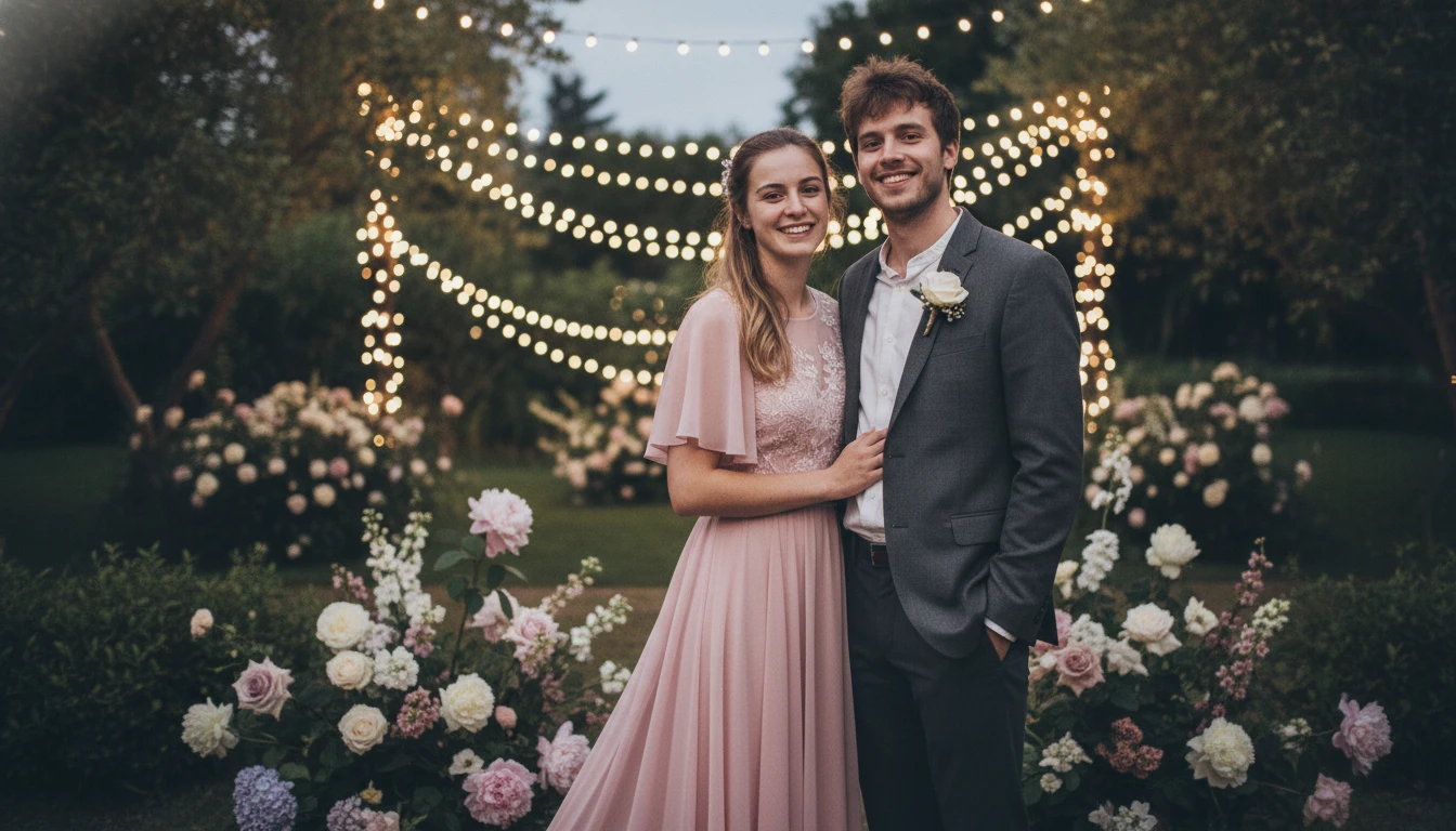 Elegant pre-wedding couple portrait in a flower garden with fairy lights, generated by Banana AI