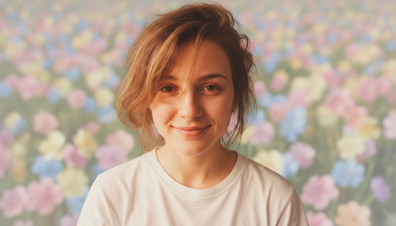 Soft pastel portrait of a woman among flowers in warm golden-hour light, generated by Banana AI