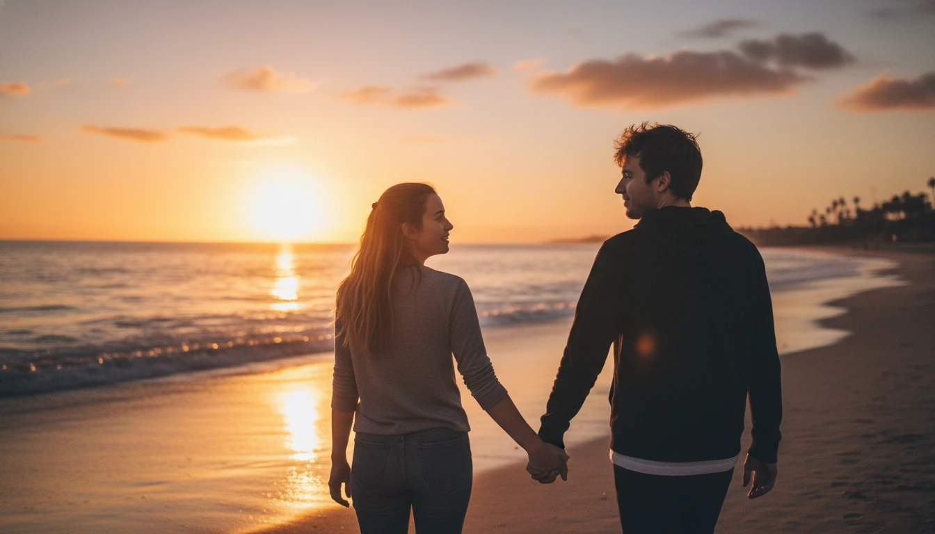 Romantic couple walking hand in hand on a beach at sunset, generated by Banana AI