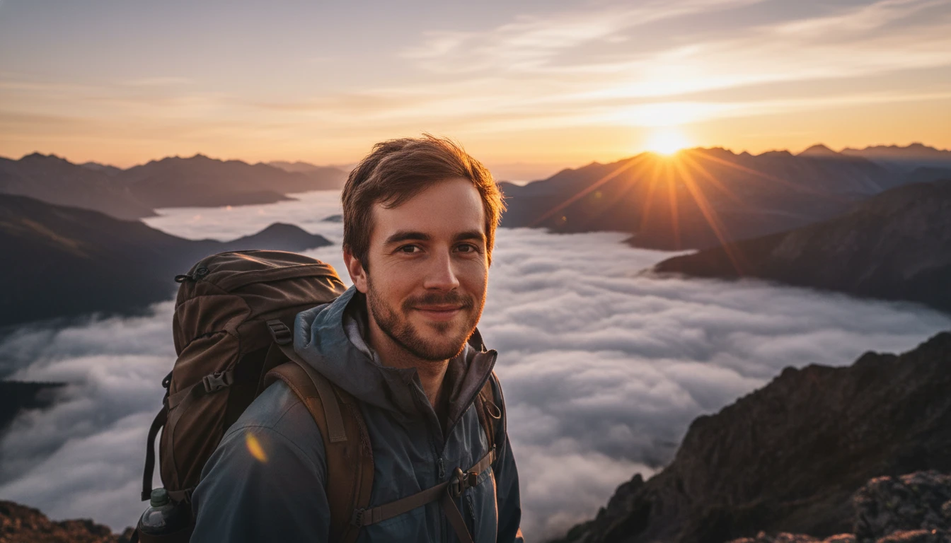 Travel explorer portrait of a man on a mountain viewpoint at sunrise, generated by Banana AI