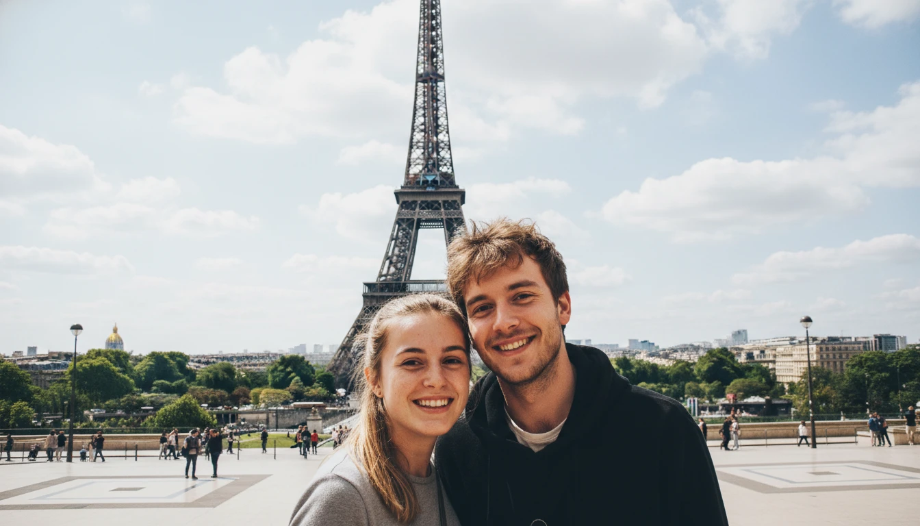 Vibrant travel postcard portrait of a couple at the Eiffel Tower, generated by Banana AI