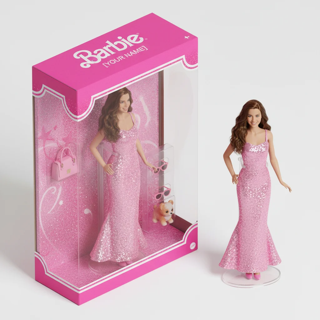 AI Barbie doll figurine in a glossy pink toy box generated by Banana AI