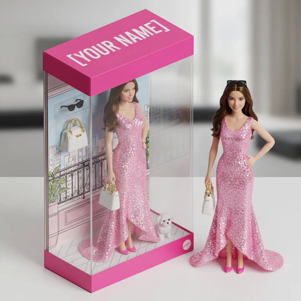 AI Barbie doll in signature pink packaging box with designer accessories generated by Banana AI