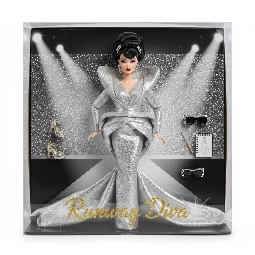 AI Fashion Runway Barbie doll with designer outfit and sparkles, generated by Banana AI