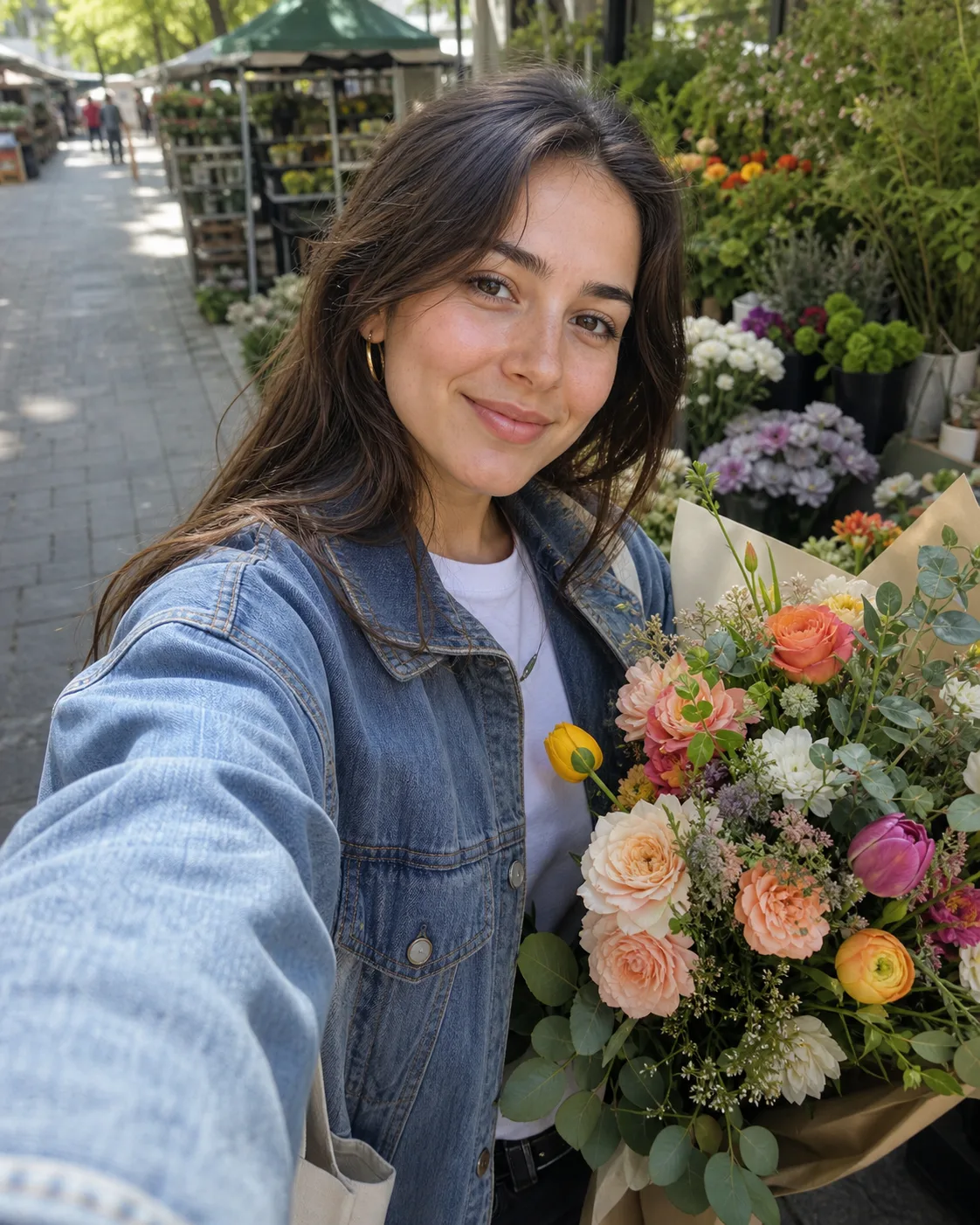 Outdoor flower market AI selfie with fresh bouquet and natural daylight generated with Banana AI
