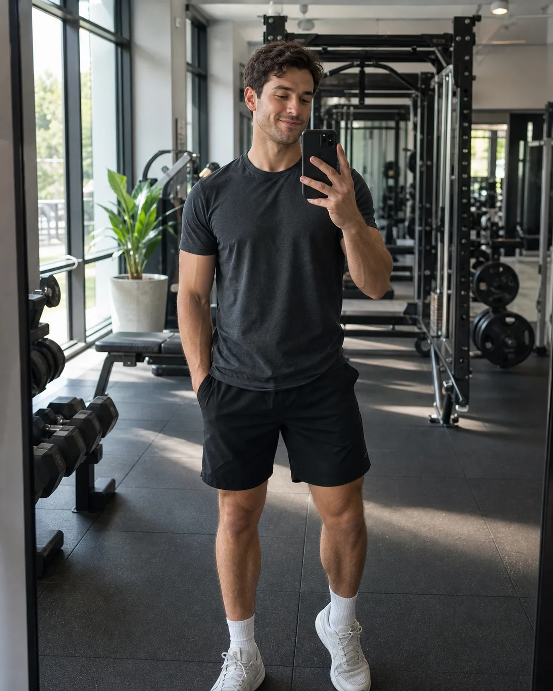 Realistic gym mirror AI selfie with natural daylight and modest athletic outfit generated with Banana AI
