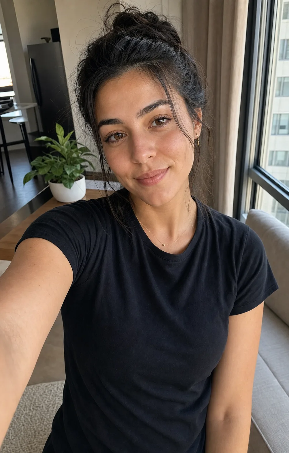 Realistic iPhone-style AI selfie near an apartment window generated with Banana AI