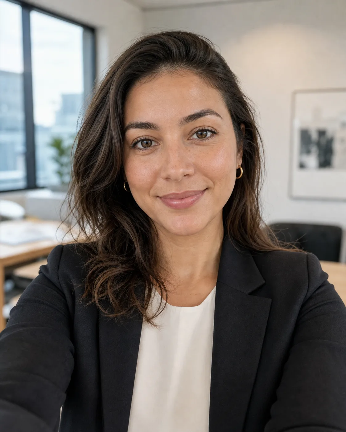 Professional profile-style AI selfie in a softly blurred office generated with Banana AI