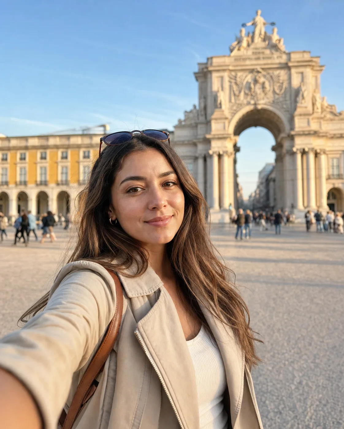 Realistic travel landmark AI selfie with a softly blurred European-style arch in the background generated with Banana AI