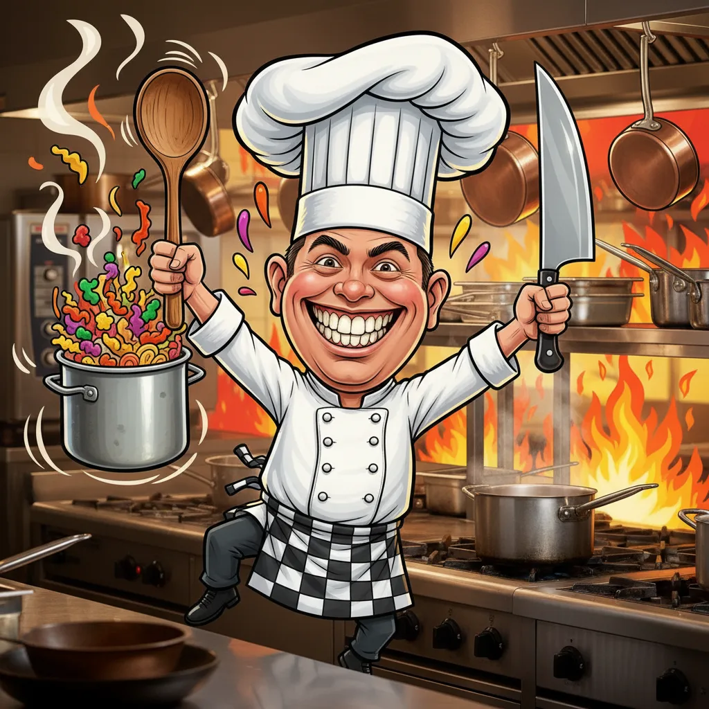 Cartoon caricature of a chef with oversized kitchen tools generated by Banana AI