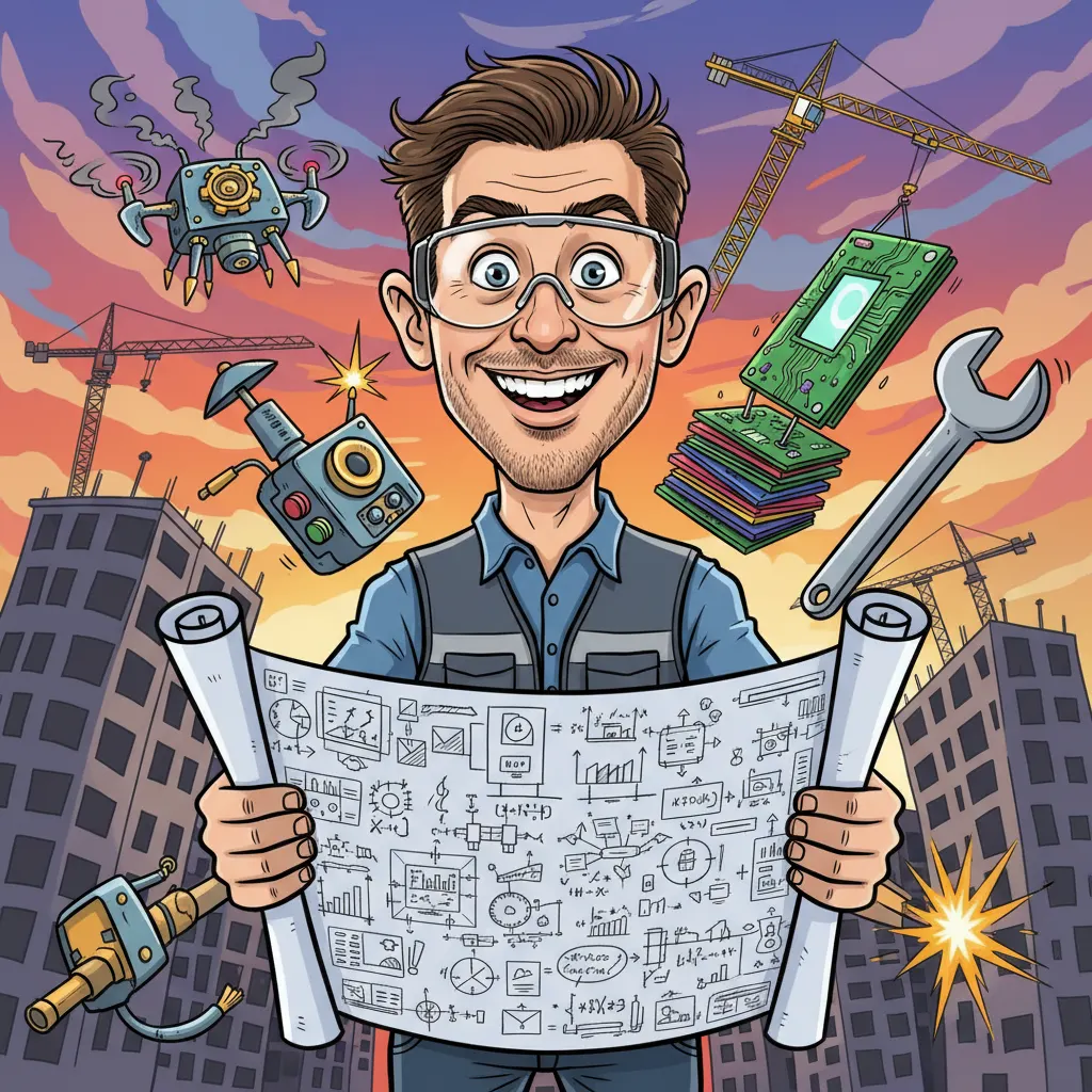 Playful caricature of an engineer holding giant blueprints and gadgets generated by Banana AI