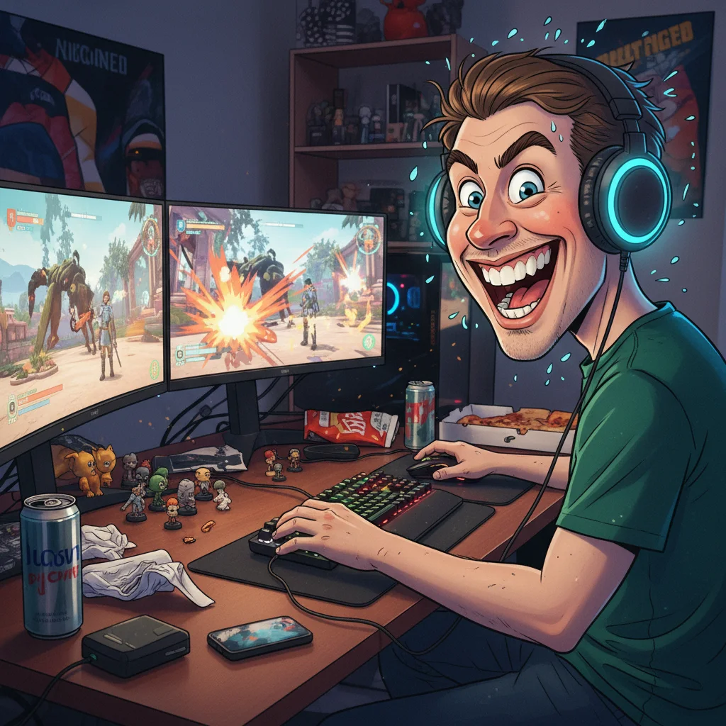 Caricature of a gamer with oversized headphones and multiple screens generated by Banana AI