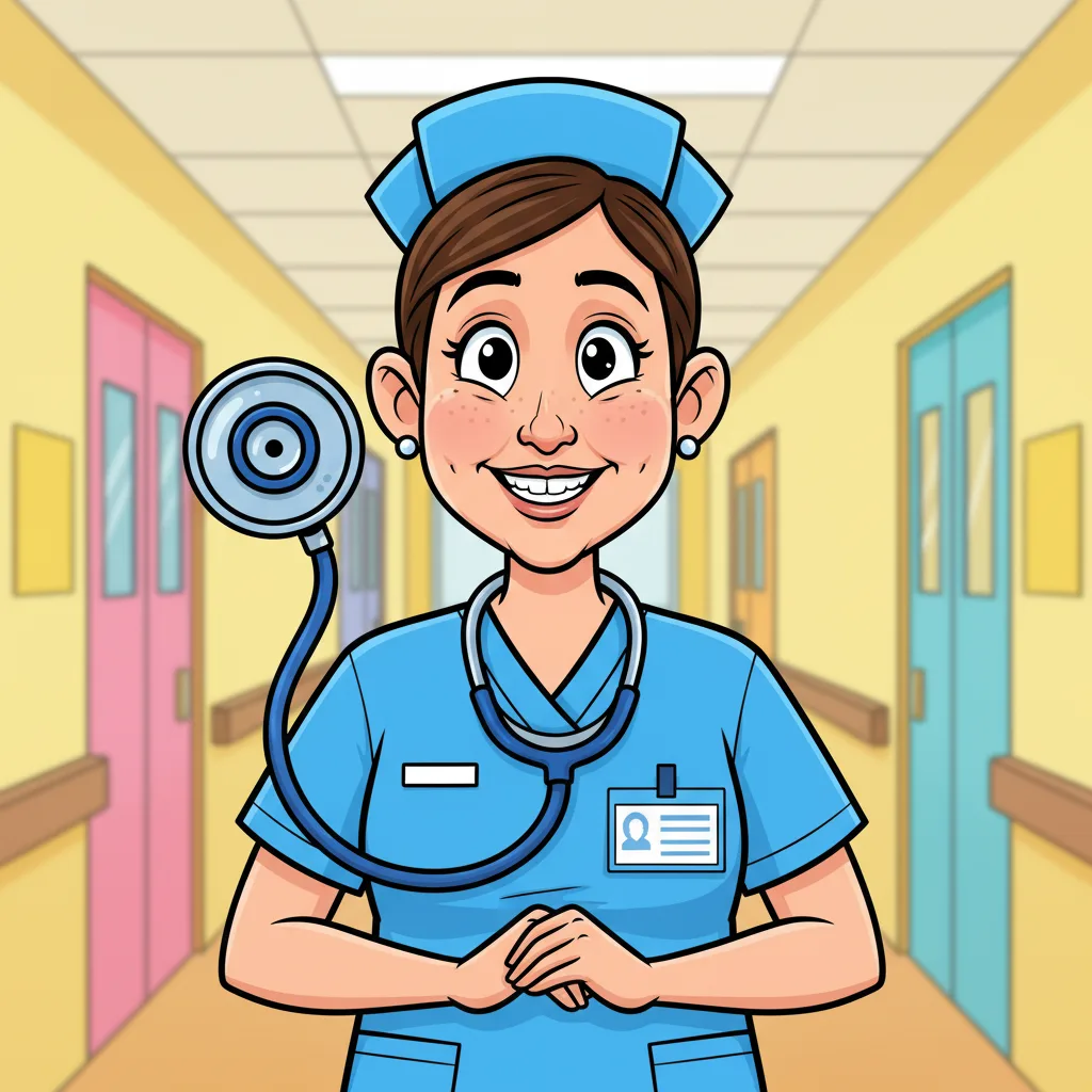 Caricature of a nurse with an oversized stethoscope and friendly expression generated by Banana AI