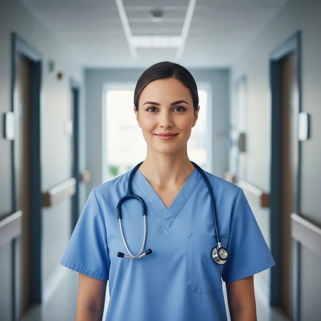 Original portrait of a nurse before AI caricature transformation — input for Banana AI caricature prompt