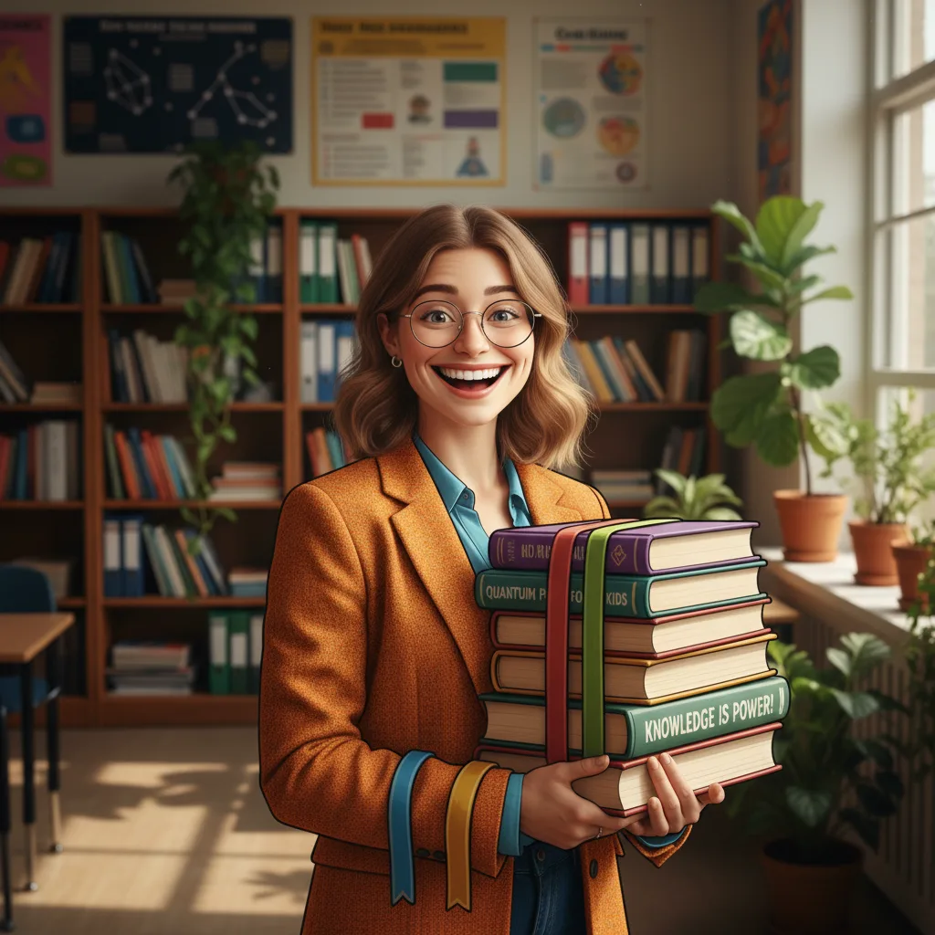 Caricature of a teacher with oversized books and a big smile generated by Banana AI